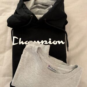 Women's Champion Black and Gray Hoodie With A Gray Long Sleeve T-shirt